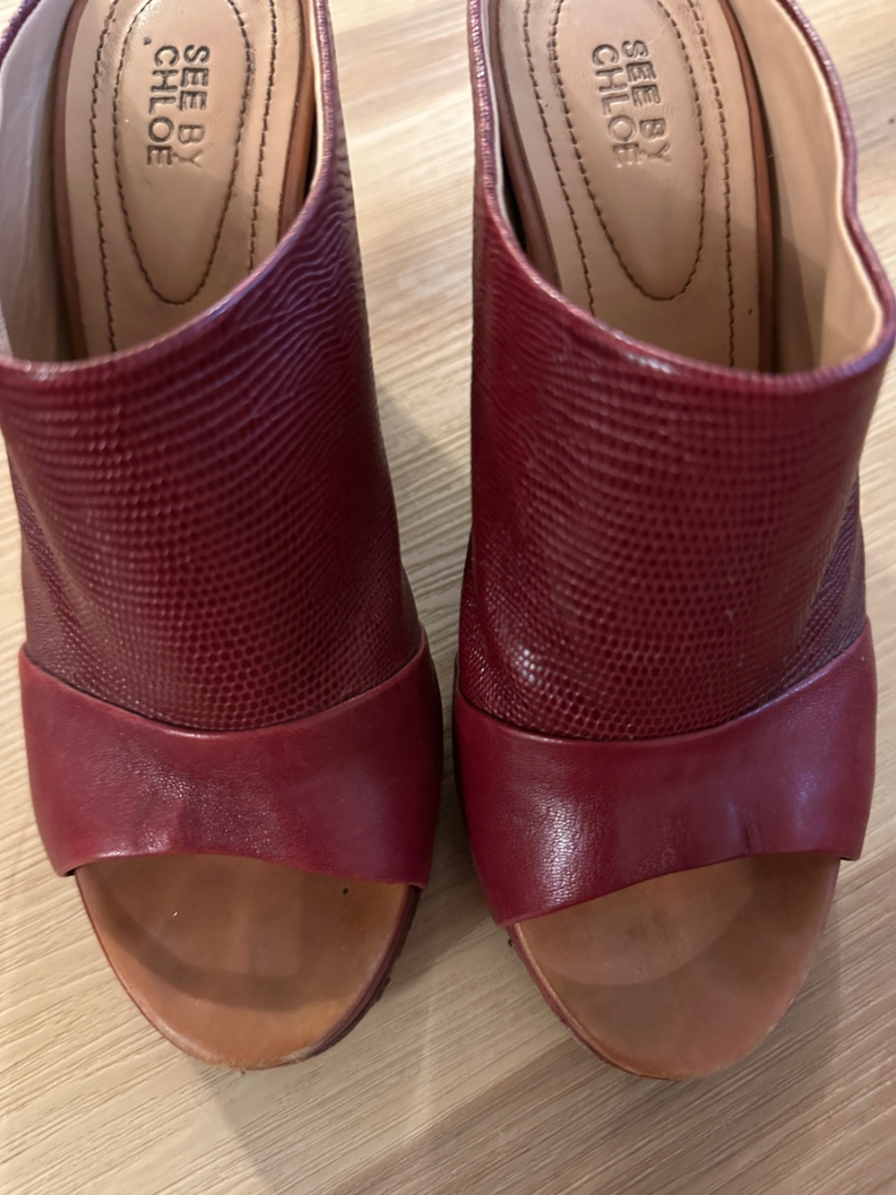 See by Chloé Burgundy Textured Leather Wedge Slides